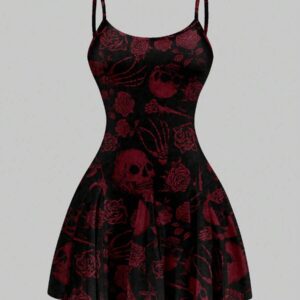 SHEIN SXY Vestido Curto Tipo A com Estampa Casual de Caveira e Rosa para Mulheres, Adequado para o Verão